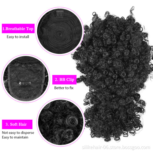 Soft Brown Black Short Afro Kinky Curly Chignon Bun With Bangs Drawstring Ponytail Puff Hair Pieces Synthetic Hair Extensions